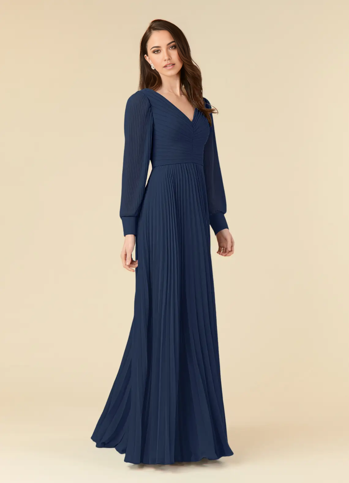 Wholesa A-Line V-Neck Long Sleeve Pleated Chiffon Dark Navy formal dresses evening dress Mother of the Bride Dresses