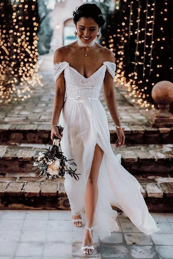Wholesa A-line Lace Off The Shoulder Backless Chiffon Split Ivory Wedding Dresses