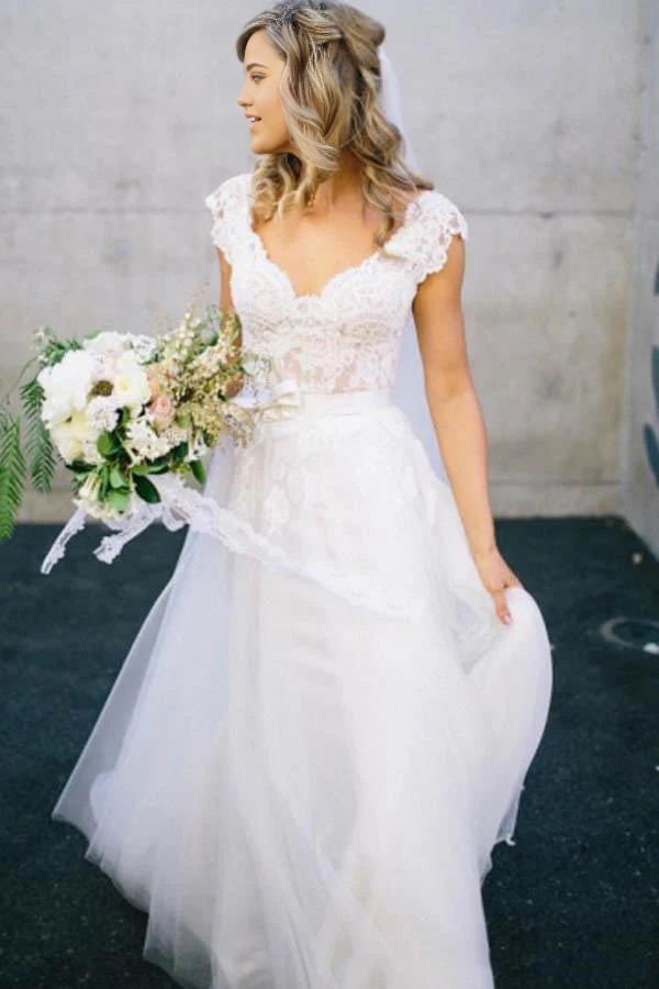Wholesa A-Line V-Neck Lace Tulle Cap Sleeve Wedding Dress
