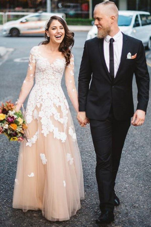 Wholesa A-Line Scoop 3/4 Sleeves Tulle Prom Dress Wedding Dresses with Appliques