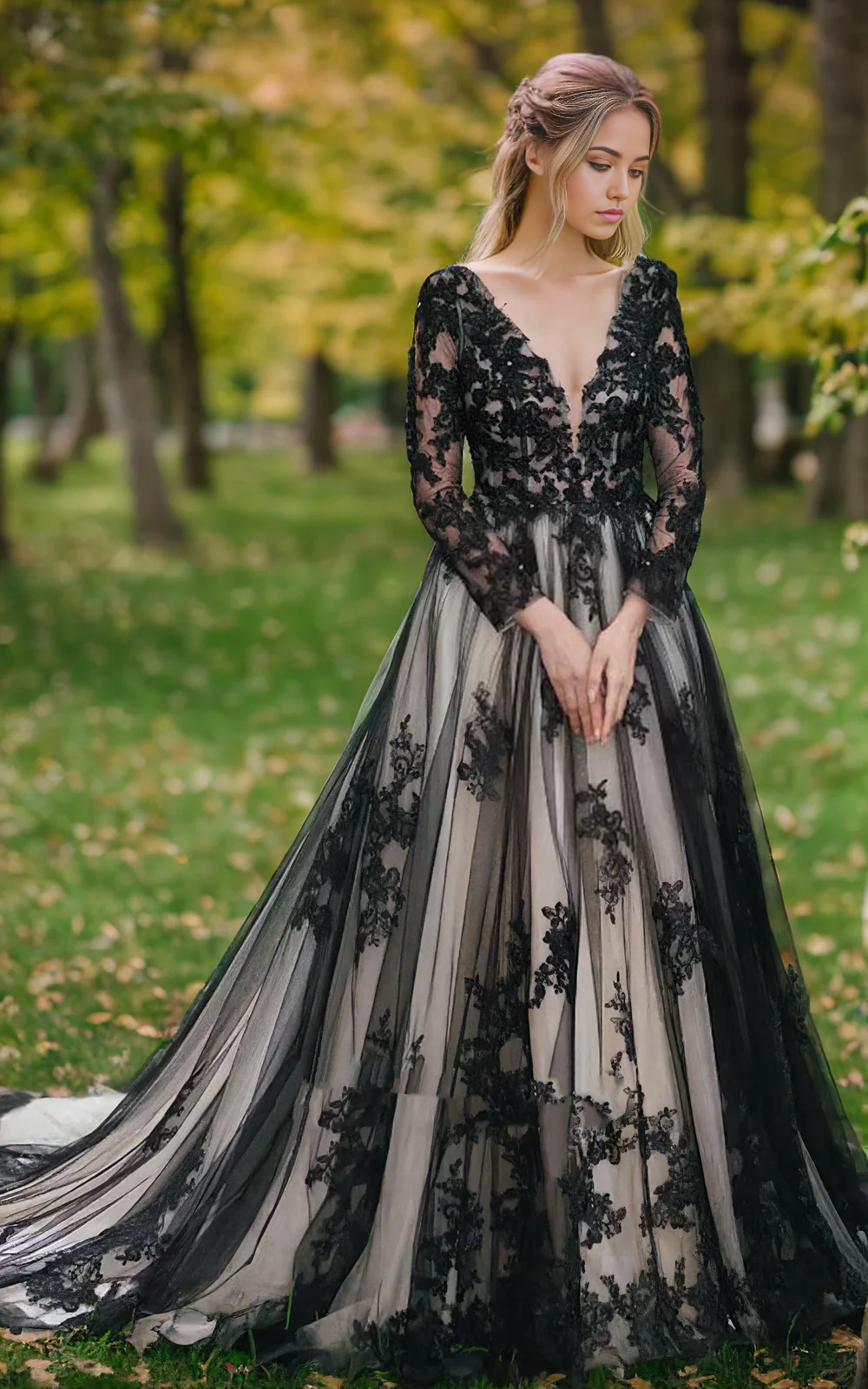 Wholesa Boho Lace Flowy Forest Sleeved Backless Bridal Gown with Court Train Wedding Dress