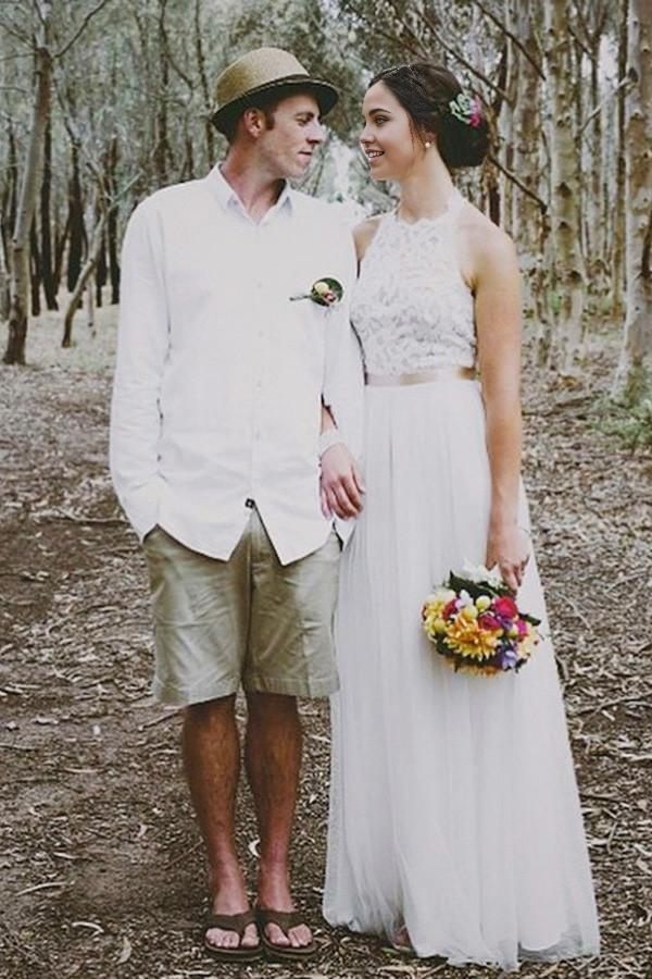 Wholesa Simple Floor-Length Jewel Sleeveless Lace Top Wedding Dress