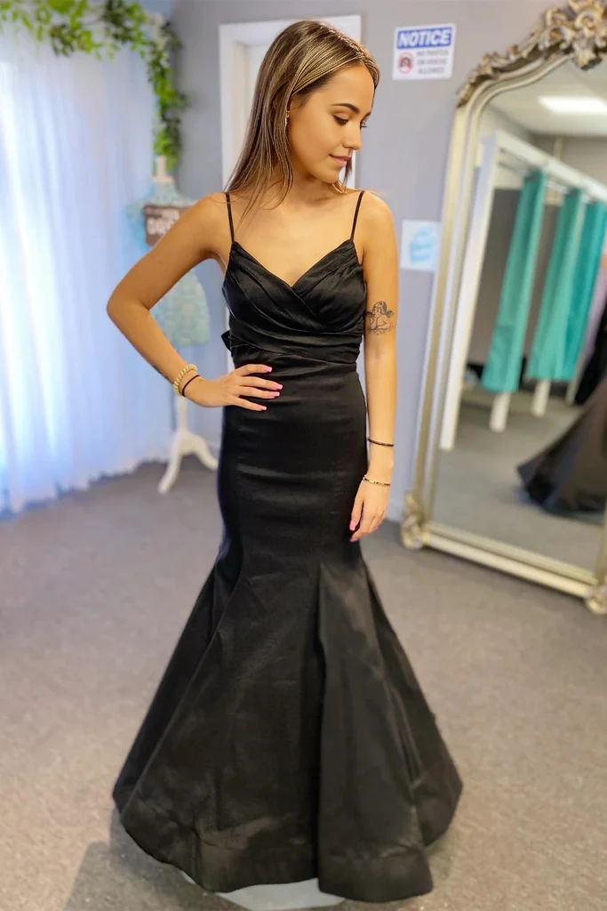 Wholesa Mermaid Black Surplice Pleated Straps Long Prom Dress Evening Dress with Bow