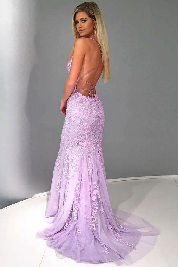 Wholesa Mermaid Spaghetti Straps Lilac Tulle Prom Dress Evening Dress with Appliques