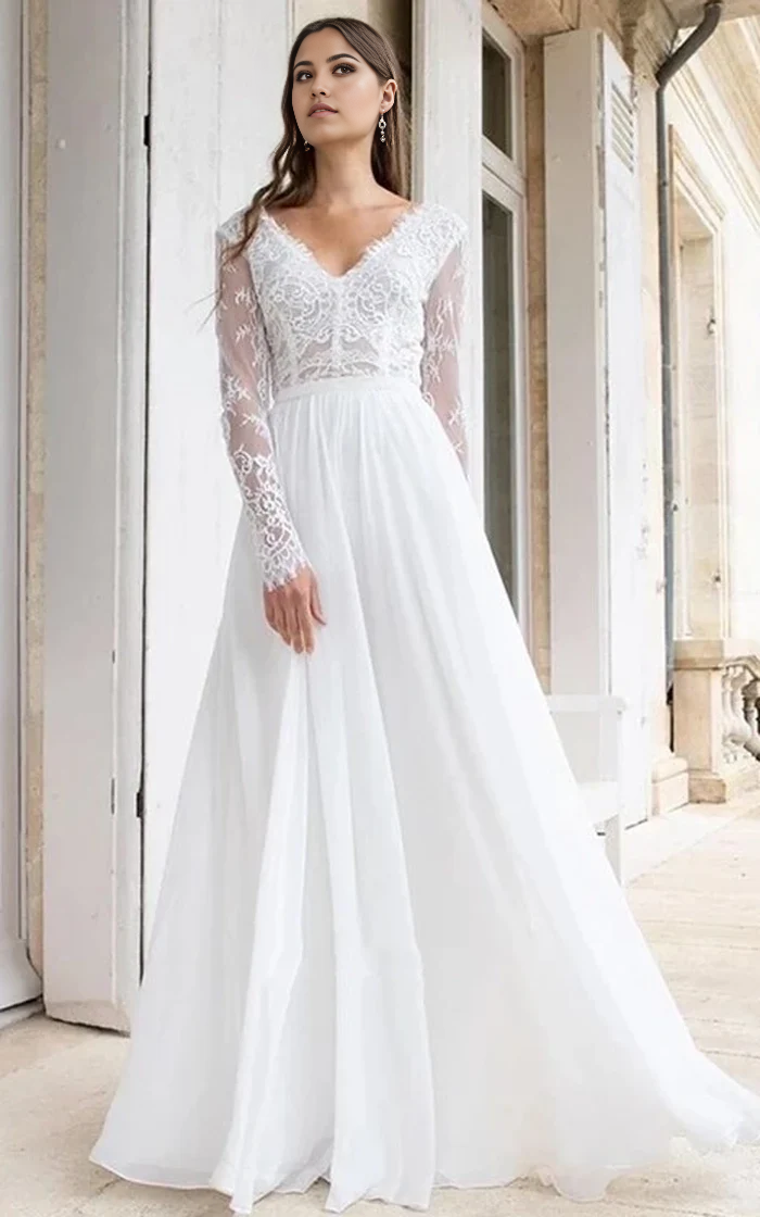 Wholesa A Line Floor-length Chiffon Lace V-neck Long Sleeve Wedding Dress