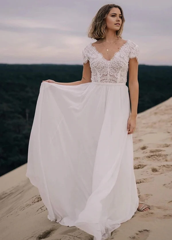 Wholesa Boho A-Line V-Neck Chiffon Through Lace Wedding Dress