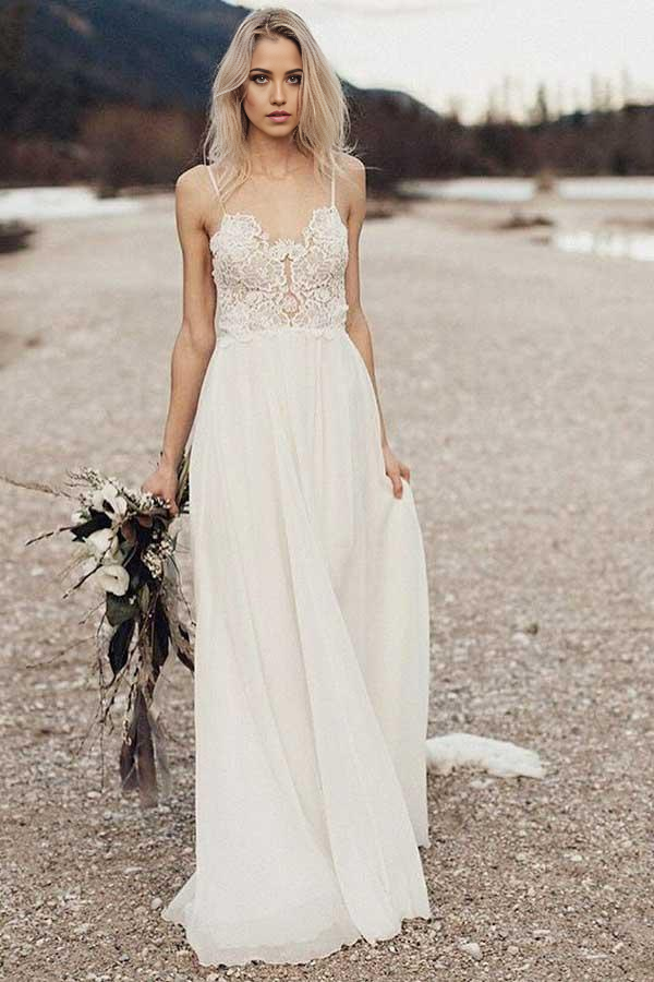 Wholesa A-Line Spaghetti Straps Long Chiffon Wedding Dress with Lace