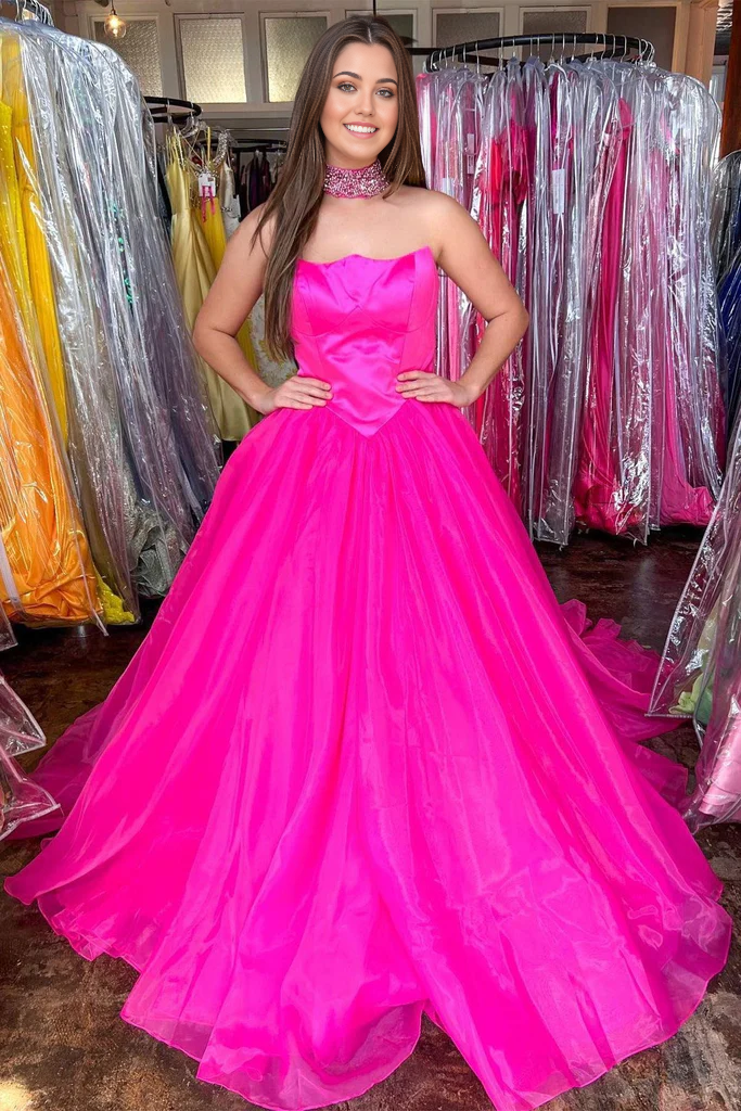 Wholesa A-line Round Neck Tulle Strapless Hot Pink Prom Dress Formal Dress