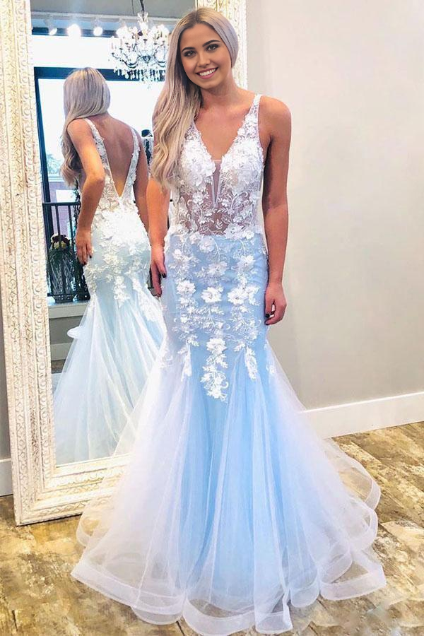 Wholesa Mermaid V Neck Sky Blue Prom Dress with Lace Appliques