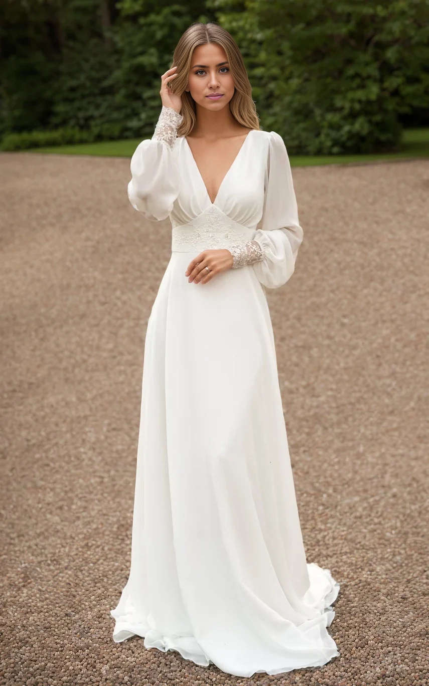 Wholesa A-Line Floor Chiffon Long Sleeve Train Wedding Dress with Sequins