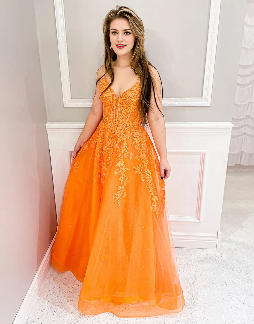 Wholesa A-Line Sparkly Spaghetti Straps Corset Tulle Emerald Green Long formal dresses evening gown Prom Dress with Appliques