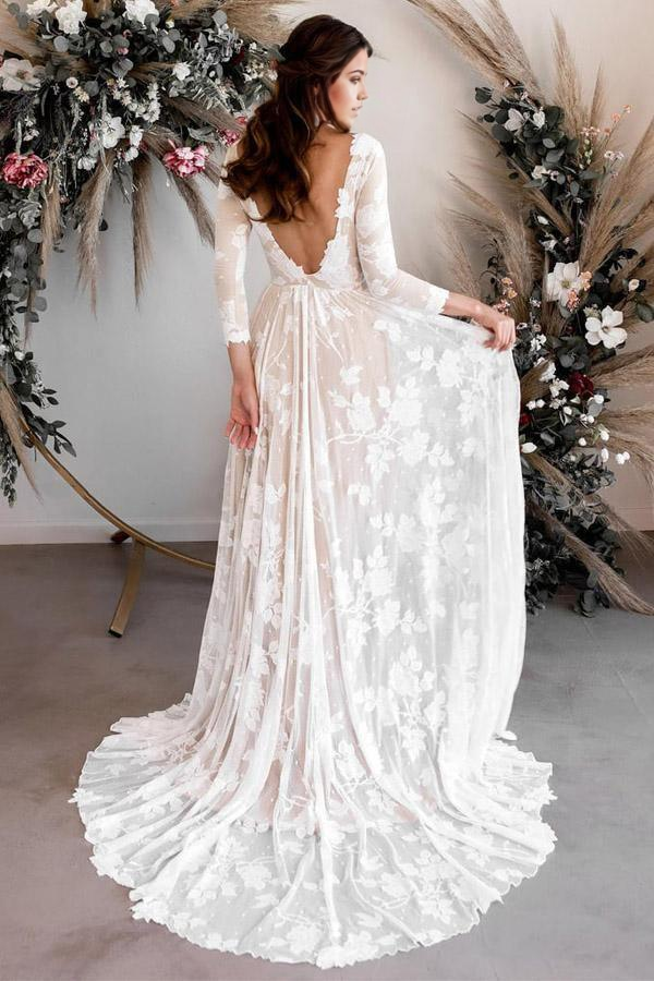 Wholesa A-line Scoop Neck Long Sleeves Lace Bridal Gown Weddding Dress