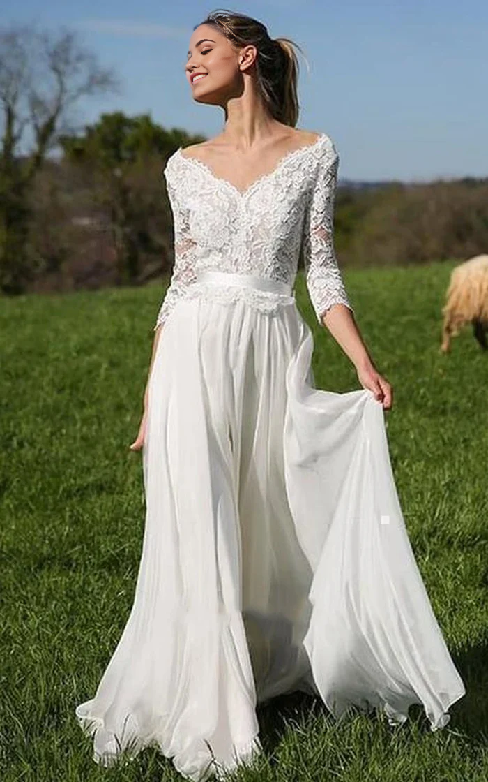 Wholesa A Line V-neck Lace Chiffon Floor-length 3/4 Length Sleeve Wedding Dress