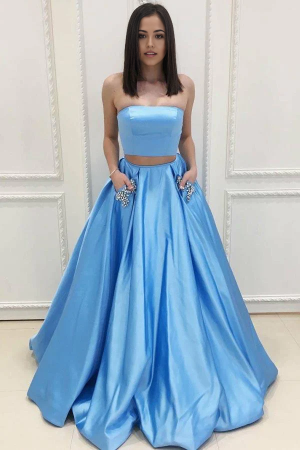 Wholesa Two Piece Strapless Sweep Train Blue Satin Prom Dresses with Pockets
