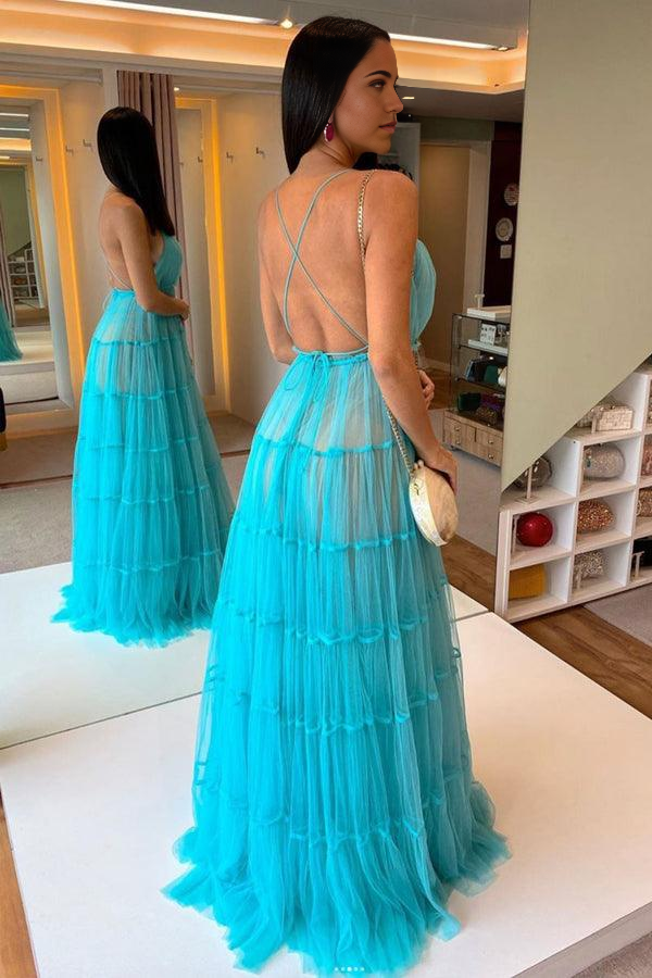 Wholesa A-line V Neck Tulle Long Prom Dress Blue Tulle Formal Dress