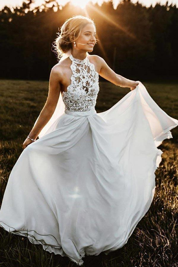 Wholesa A-Line Beach Halter Sleeveless Chiffon Long Wedding Dress with Lace