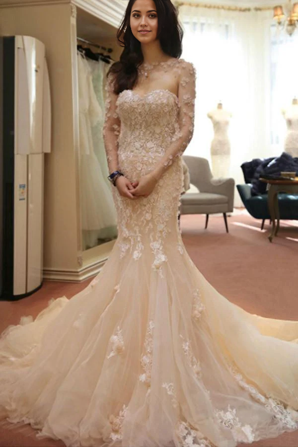 Wholesa Mermaid Designer Open Back Sheer Flowers Long Sleeve Wedding Dress