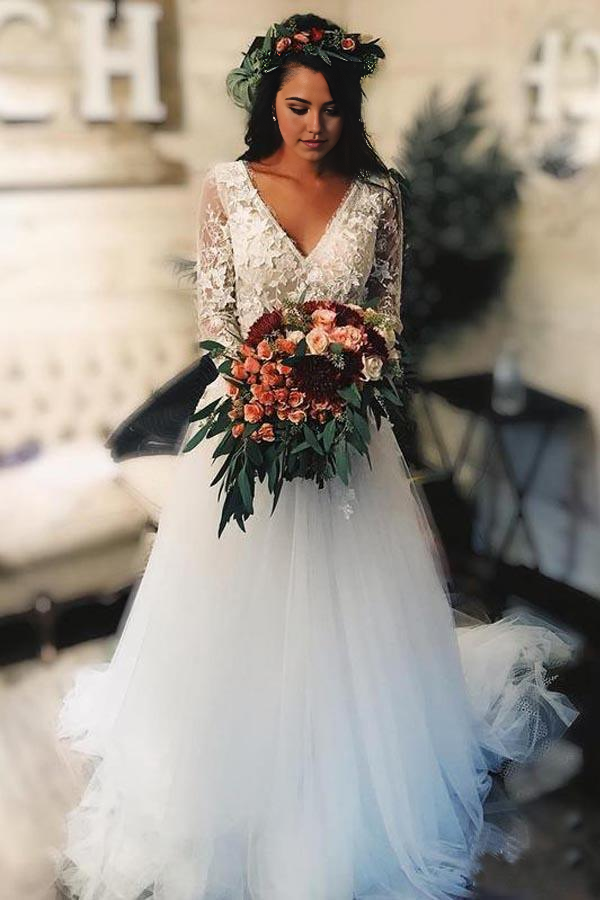 Wholesa A-line Long Sleeves Tulle Wedding Dress With Lace Applique