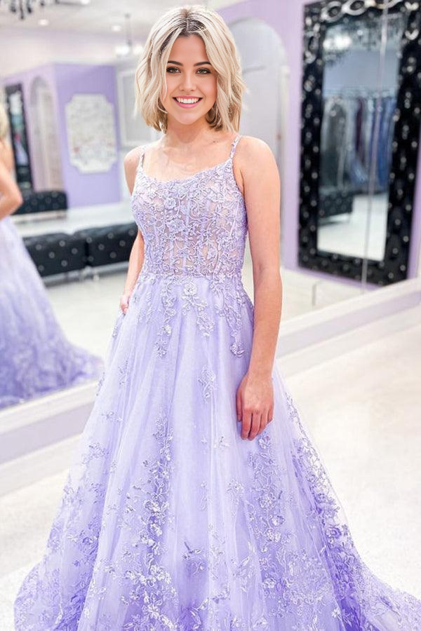 Wholesa A-line Charming Lace Appliques Spaghetti Straps Lilac Prom Dresses