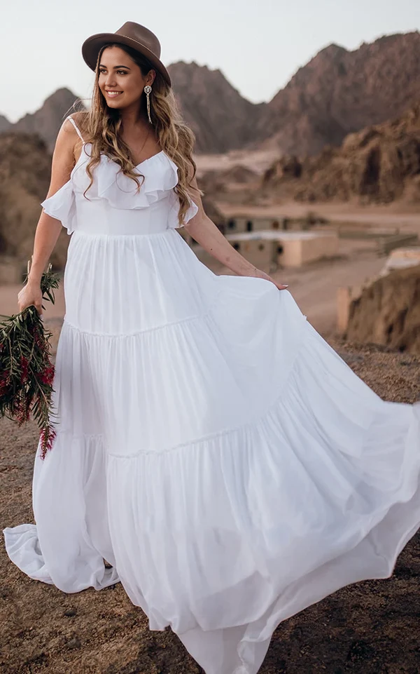 Wholesa A Line Chiffon Spaghetti Sleeveless Wedding Dress with Ruffles and Open Back