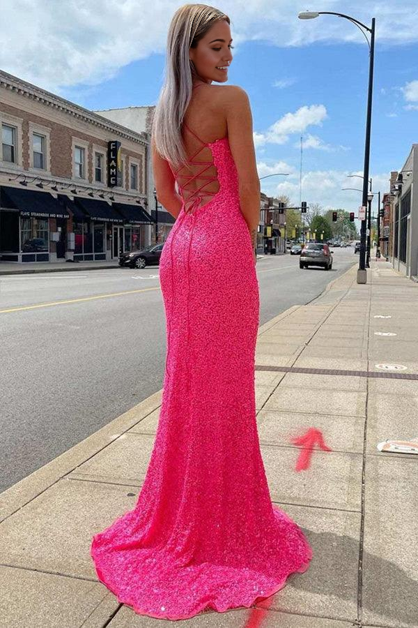 Wholesa Mermaid Glitters Hot Pink Long Prom Evening Dress with Slit