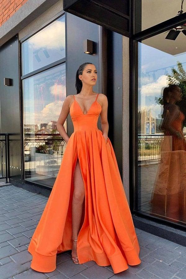 Wholesa A Line V Neck Gray Red Pink Satin Split Prom Dresses Formal Dresses