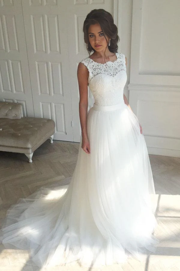 Wholesa A-Line Sleeveless Lace White Sweep Train Wedding Dress