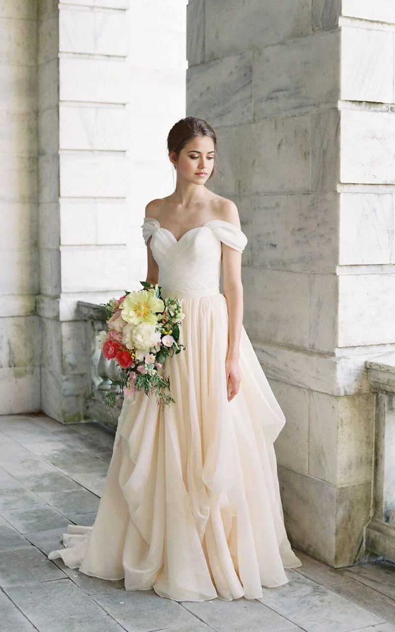 Wholesa A-line Off-The-Shoulder Drped Floor-Length Criss Cross Dress