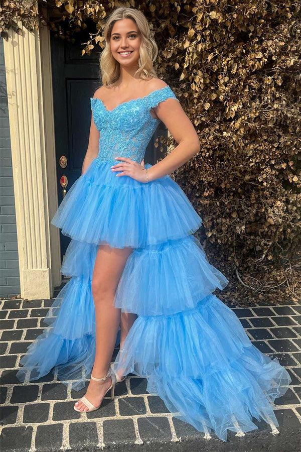 Wholesa A-line Off-the-Shoulder Blue Tulle Lace High-Low Tiered Prom Dress