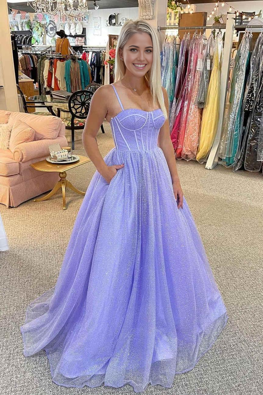 Wholesa A Line Sparkly Lilac Sweetheart Straps Tulle Long Prom Formal Dress