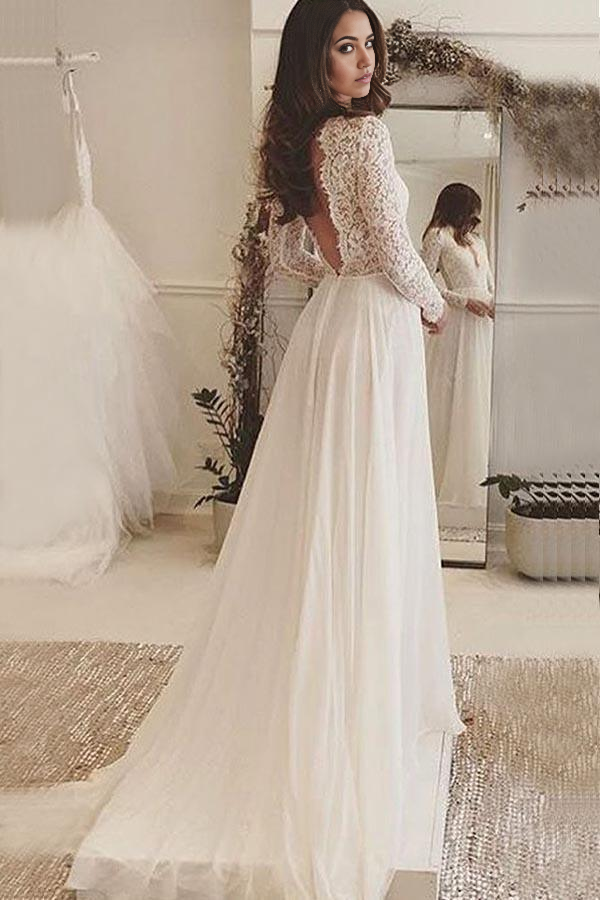 Wholesa A-line V-Neck Long Sleeves Backless Ivory Chiffon Wedding Dress with Lace