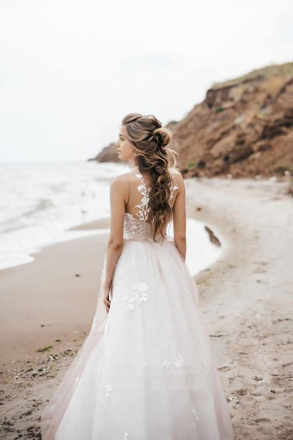 Wholesa A Line Vintage Lace Scoop Neckline Tulle Wedding Bridal Dress Wedding Dresses