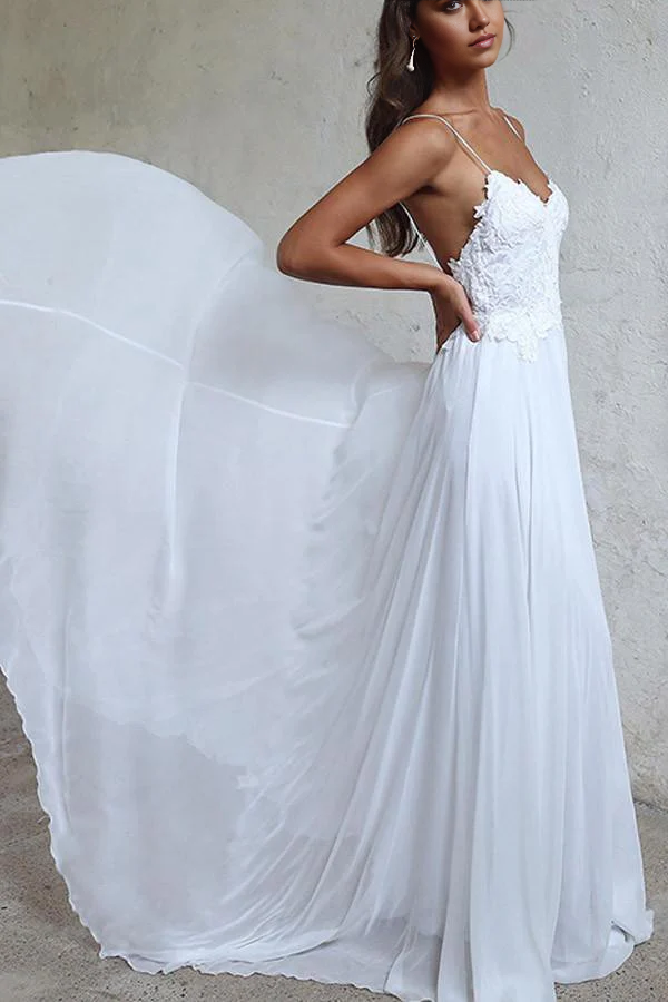 Wholesa A-line Elegant Straps White Long Chiffon Beach Wedding Dress
