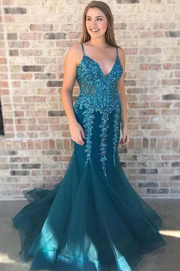 Wholesa Mermaid V Neck Turquoise Through Long Evening Prom Dresses