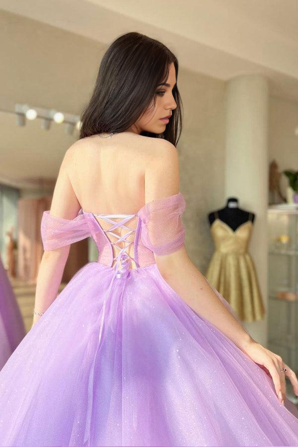 Wholesa A-Line Tulle Sweetheart Neck Purple Long Prom Dress Formal Dresses