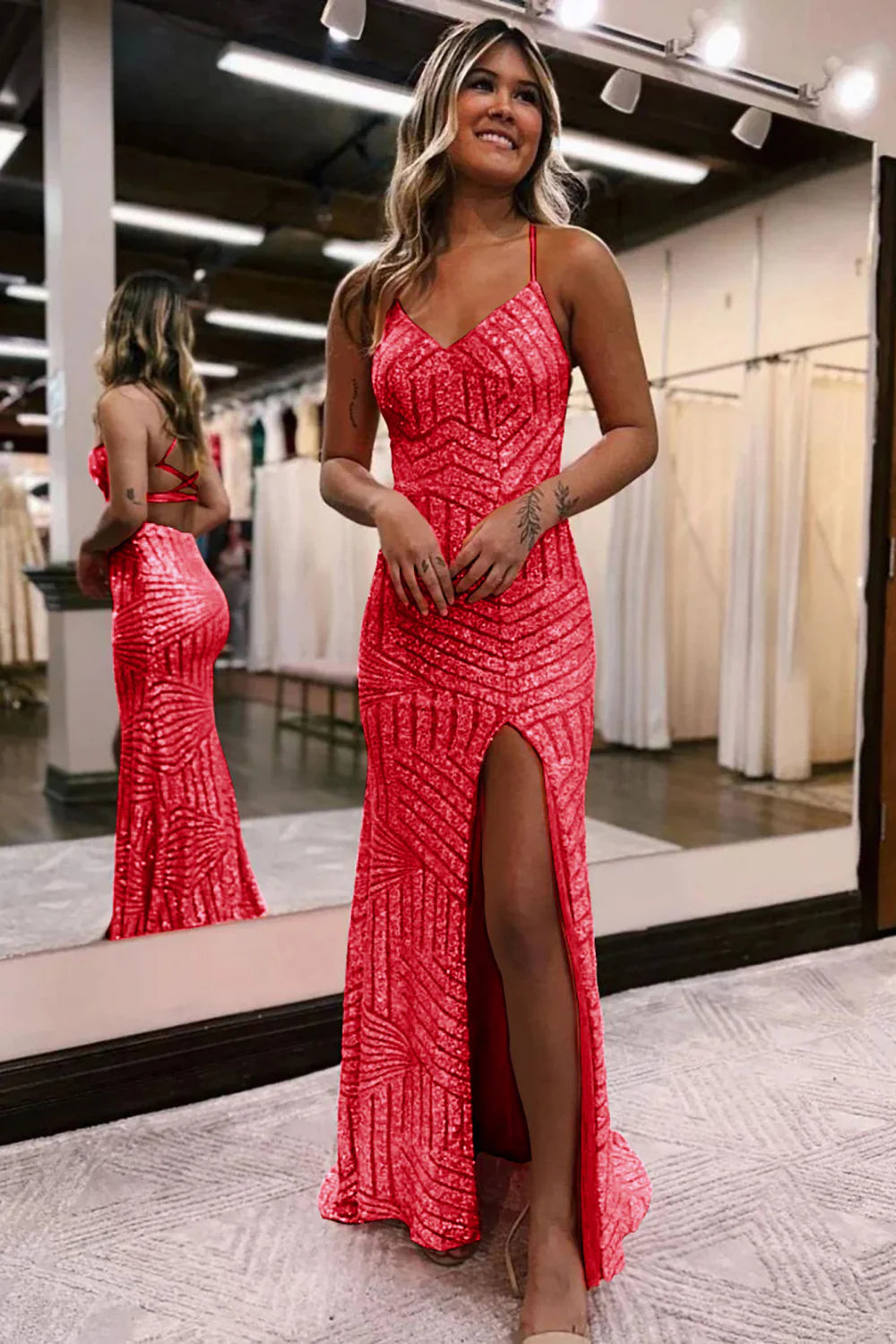 Wholesa Sparkly Open Back Sequins Long Prom Dress with Slit