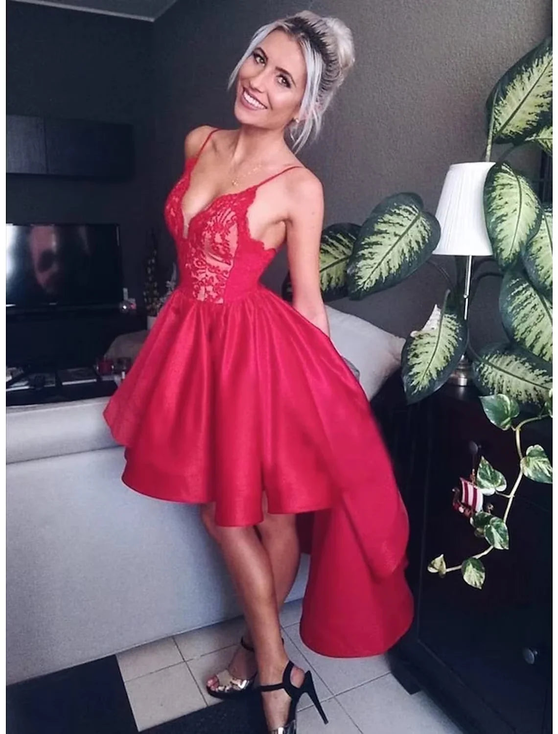 Wholesa A-Line Prom Dresses Party Dress Wedding Party Asymmetrical Sleeveless V Neck Satin with Pleats