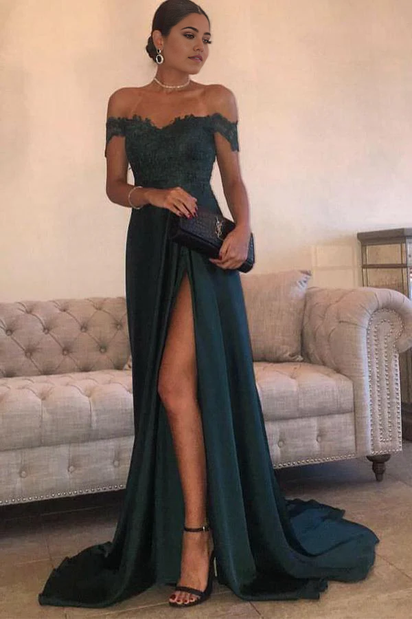 Wholesa A-line Off-the-shoulder Dark Green Split Prom Dresses Evening Dresses