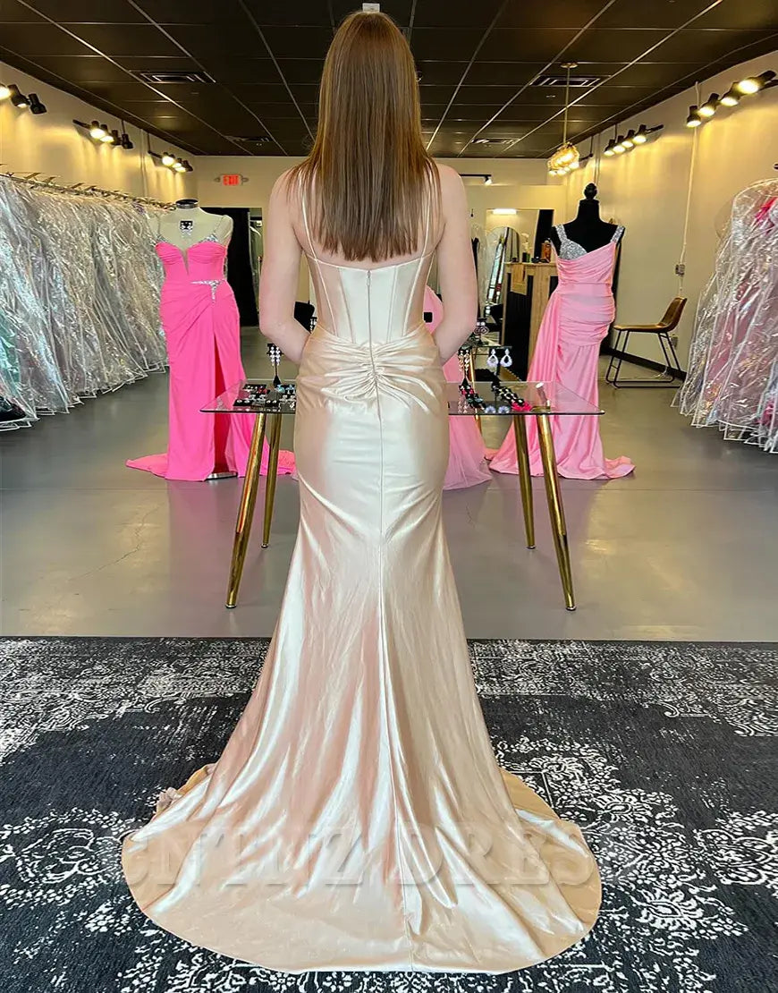 Wholesa Mermaid Spaghetti Straps Corset Ruched Satin Champagne Long formal dresses Bridesmaid Dresses evening gown Prom Dress with Slit