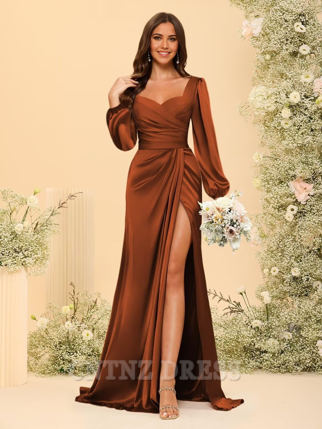Wholesa A-line V Neck Long Sleeve Satin Pleated formal dresses Bridesmaid Dresses evening gown Prom Dress with Slit