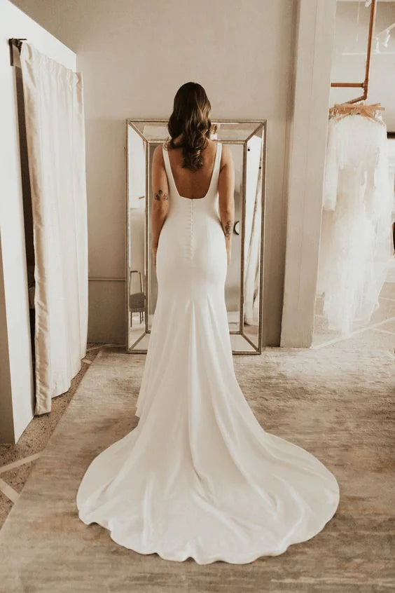 Wholesa Sheath Simple Square Neck Long Backless Wedding Dress