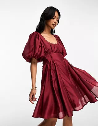 Wholesa square neck lace insert mini dress with puff sleeves in red