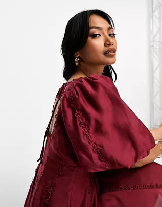 Wholesa square neck lace insert mini dress with puff sleeves in red