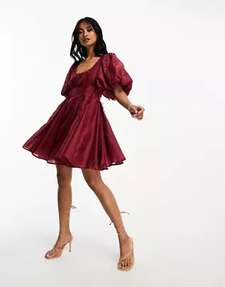 Wholesa square neck lace insert mini dress with puff sleeves in red