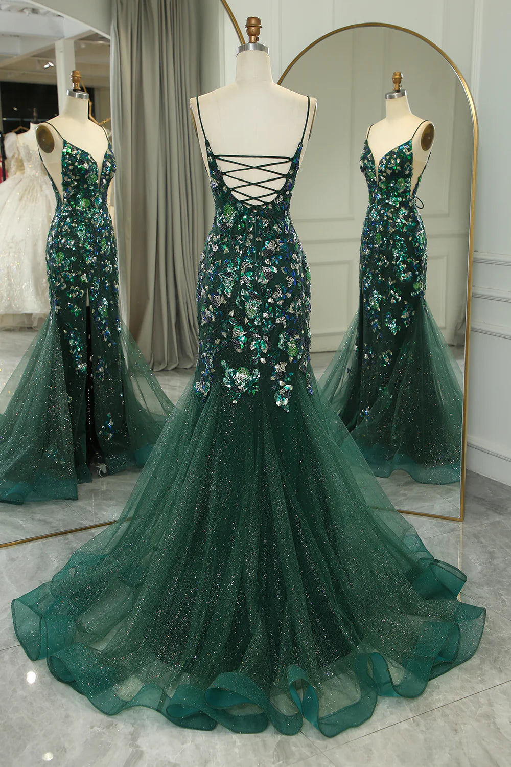 Wholesa Mermaid Sparkly Long Appliqued Prom Dress With Slit