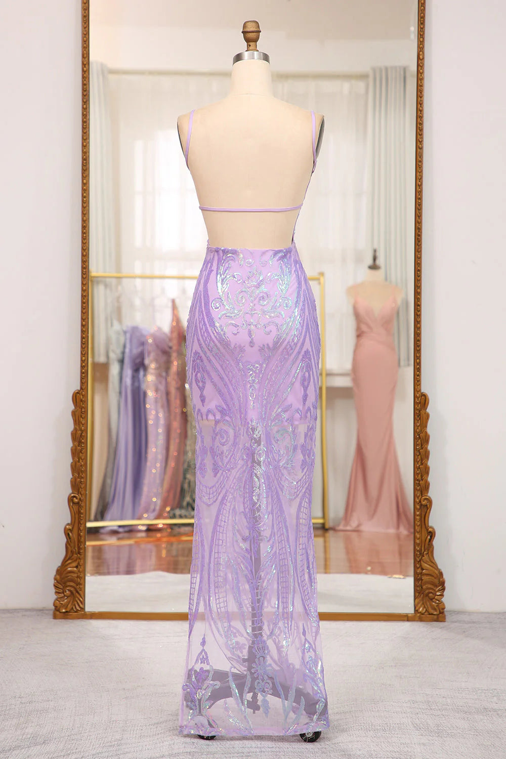 Wholesa Mermaid Spaghetti Straps Glitter Backless Long Prom Dress With Embroidery