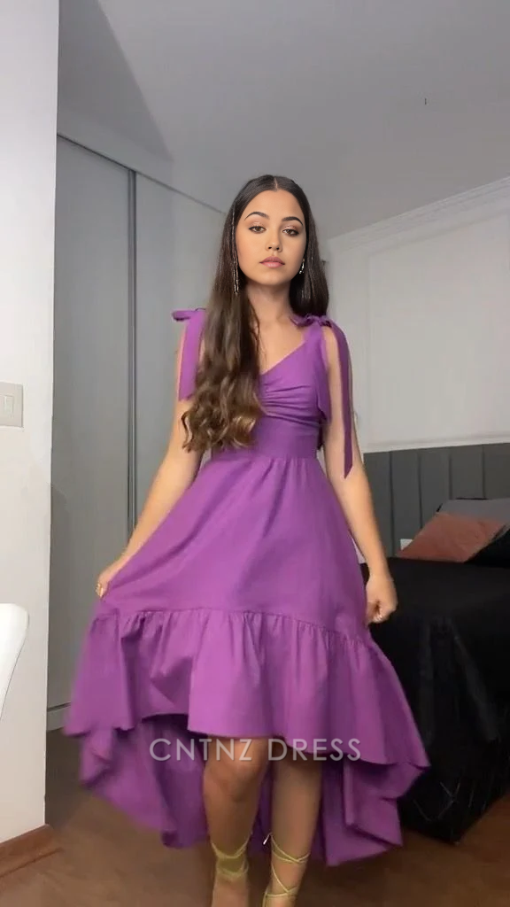 Wholesa A Line Cute V Neck Ruffle Purple formal dresses Bridesmaid Dresses evening gown Prom Dress