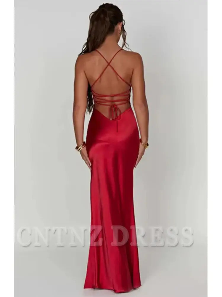 Wholesa Elegant Spaghetti Strap Backless Lace-Up Split Satin formal dresses Bridesmaid Dresses evening gown Prom Dress