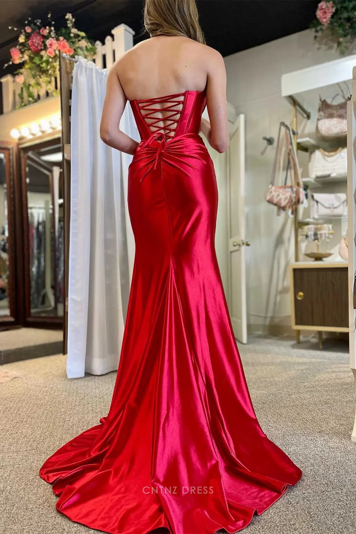 Wholesa Mermaid Strapless Ruched Red Long formal dresses Bridesmaid Dresses evening gown Prom Dress with Slit