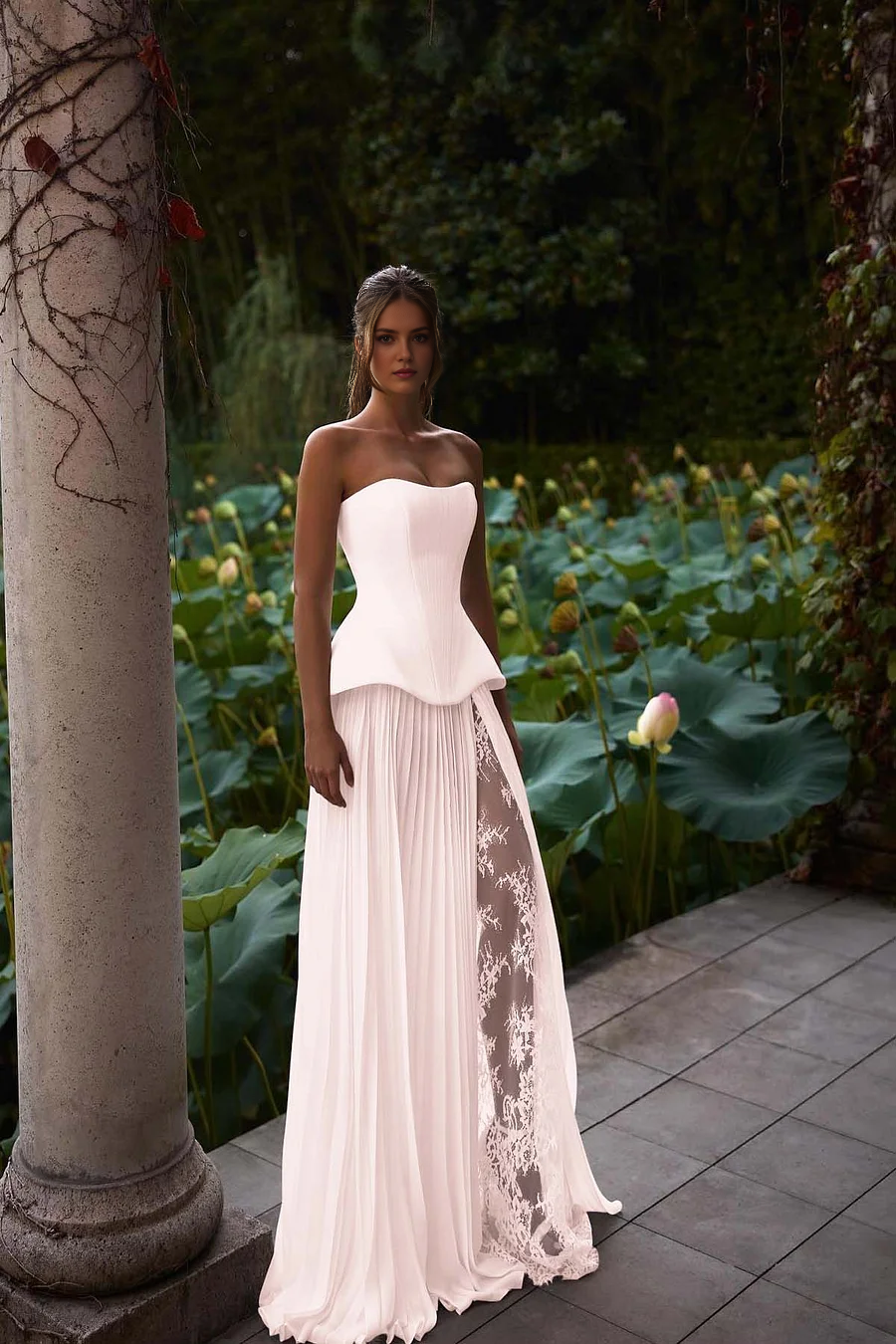 Unique A Line Strapless Sleeveless With Pleated Lace Split Evening Gowns Exquisite Long Prom Dress